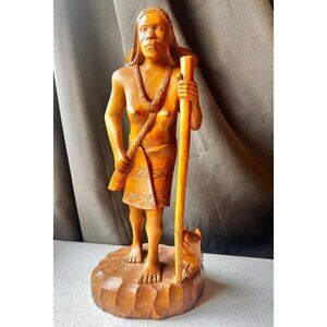 Hand-Carved Ifugao Female Wood Sculpture Narra Wood With Dog Figurine 13.5" Tall